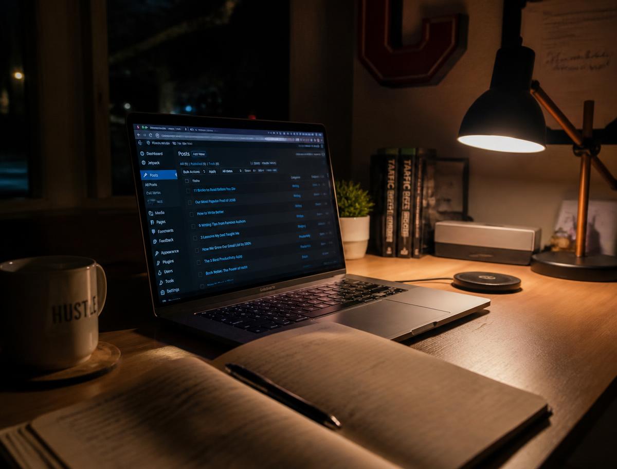 Notebook aberto no painel do WordPress em uma mesa de escritório à noite