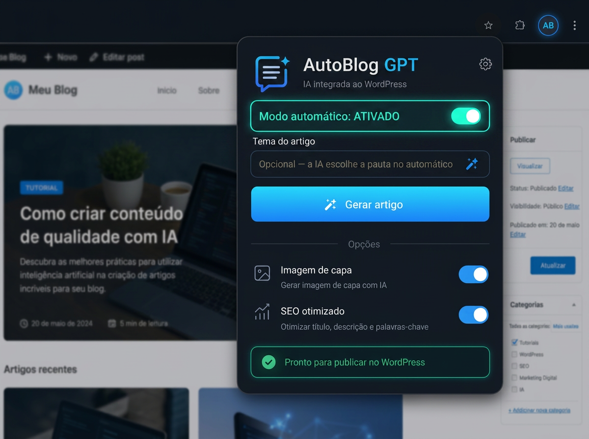 Extensão do Chrome do AutoBlog GPT aberta em um notebook, pronta para gerar um artigo